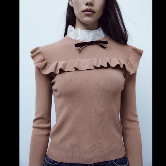 ZARA COMBINATION KNIT RUFFLED SWEATER XS NWT - Picture 2 of 7